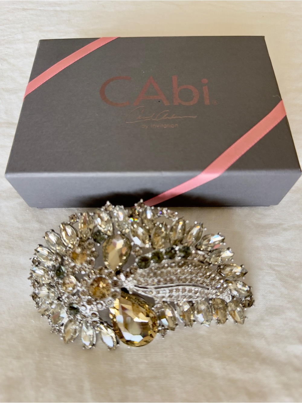 CAbi Gold and Clear Crystal Paisley Statement Brooch